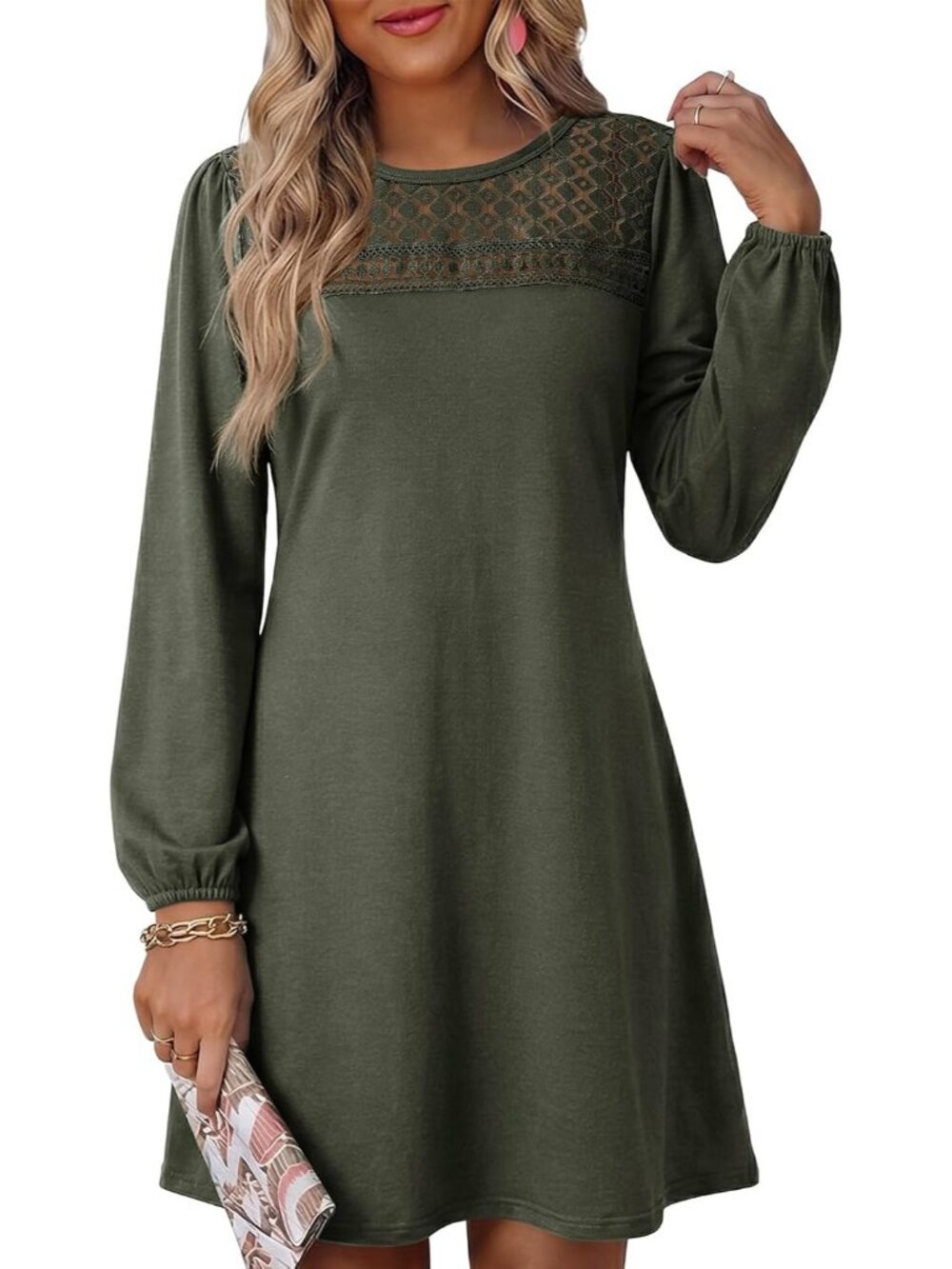 〽️Women’s Moss Green A Line Mini Dress Long Sleeve Crewneck Pockets